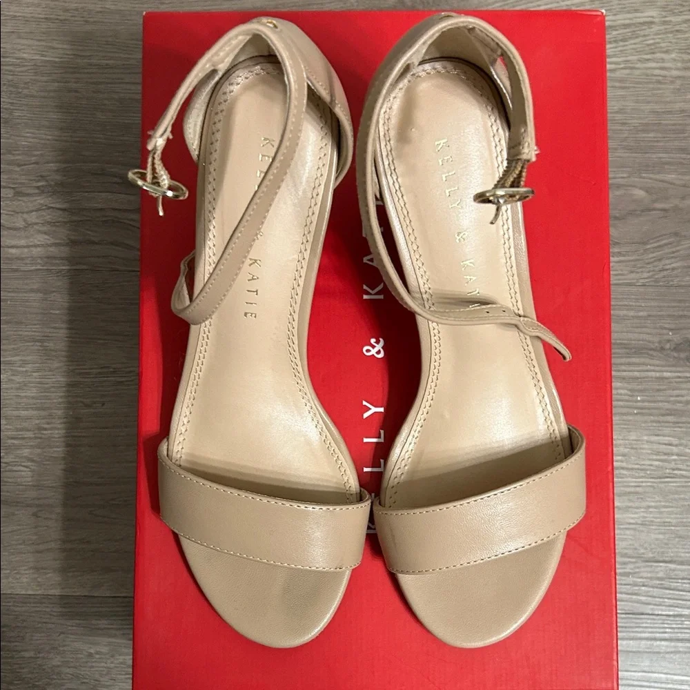 Kelly & Katie Hailee Beige Ankle-Strap Block Heel Sandals - Picture 1 of 9
